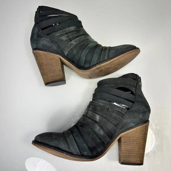 Free People Distressed Charcoal Leather Hybrid Heel Strappy Ankle Boots Size 39 - Picture 5 of 12